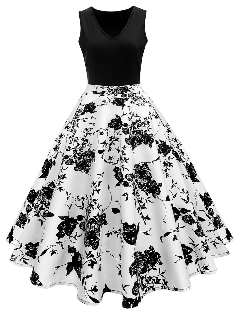 Two-Tone Floral Swing Dress