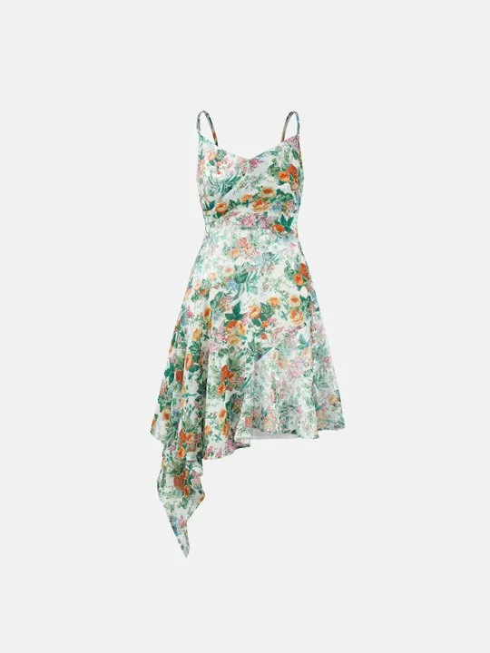 Floral Satin Asymmetric Mini Dress