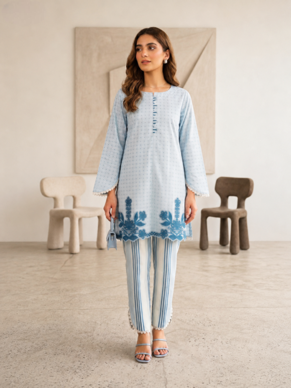 Azure Polka Grace – 2 Piece Polka Dot Shirt with Striped Trousers