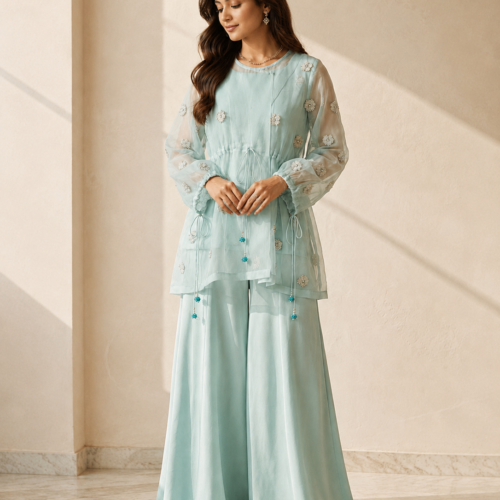 Pastel Blossom – 3 Piece Silk & Pure Organza Suit