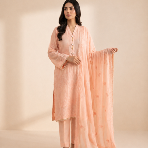 Dawn Star – 3 Piece Peach Chiffon Suit with Embroidered Dupatta