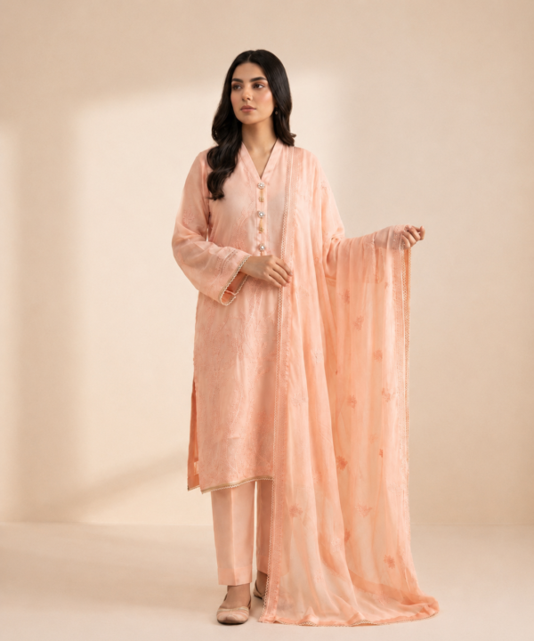 Dawn Star – 3 Piece Peach Chiffon Suit with Embroidered Dupatta