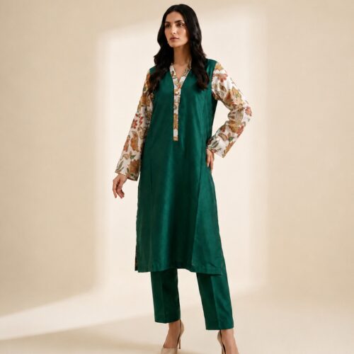Forest Posh – 2 Piece Raw Silk Suit with Paisley Embroidery