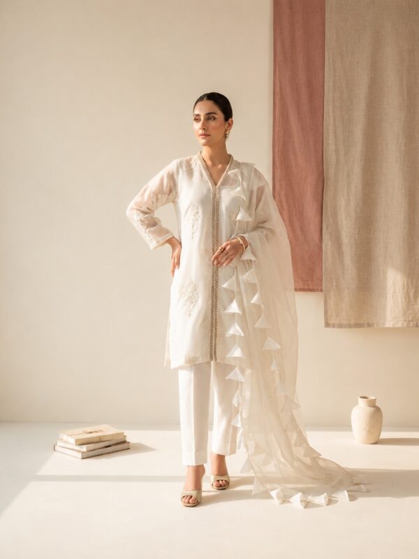 The White Pearl – 3 Piece Ivory Suit with Organza Dupatta