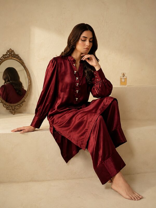 Royal Crimson β 2 Piece Pure Silk Suit with Farshi Shalwar