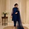 Royal Flora Net Dress – 3 Piece Navy Blue Embroidered Net Suit