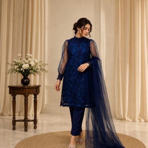 Royal Flora Net Dress – 3 Piece Navy Blue Embroidered Net Suit