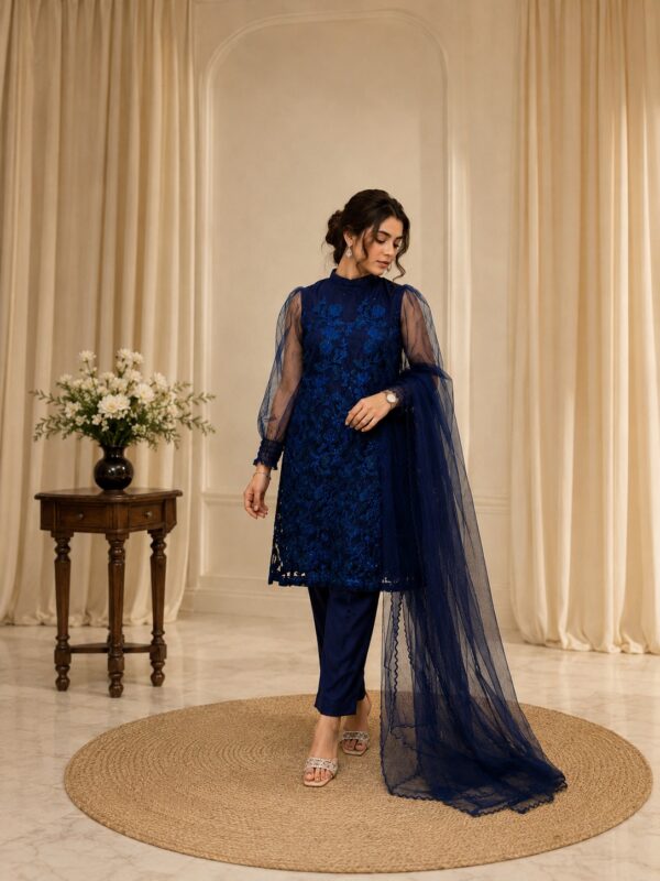 Royal Flora Net Dress – 3 Piece Navy Blue Embroidered Net Suit