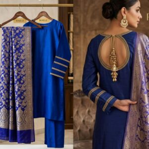 The Luxe Ink – 3 Piece Pure Raw Silk Suit with Jacquard Shawl Dupatta