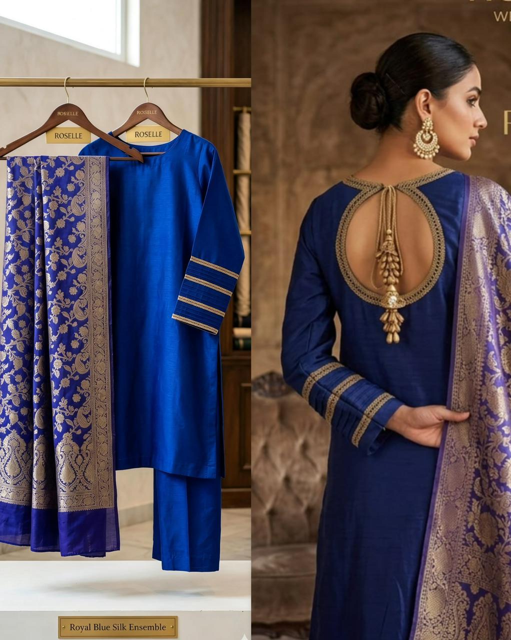 The Luxe Ink – 3 Piece Pure Raw Silk Suit with Jacquard Shawl Dupatta