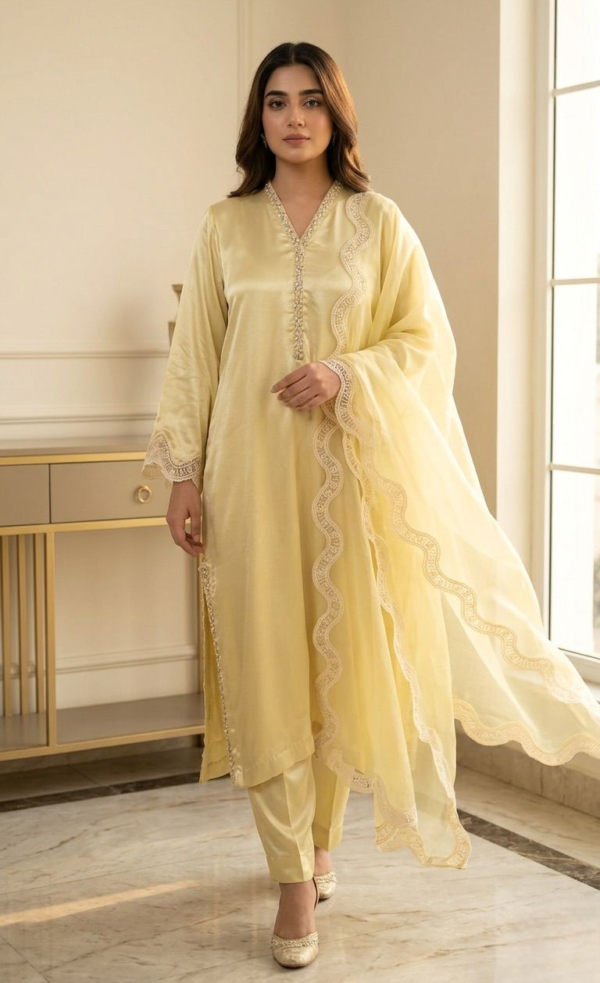 Butter Silk Essence – 3 Piece Butter Silk Suit in Butter Yellow