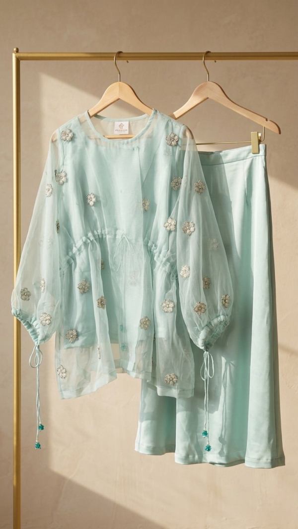 Pastel Blossom – 3 Piece Silk & Pure Organza Suit