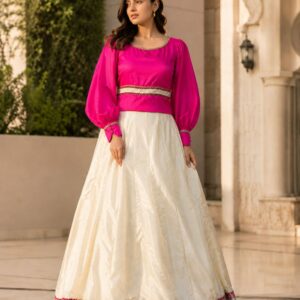 Ivory & Fuchsia Fusion – 2 Piece Raw Silk Lehenga Set