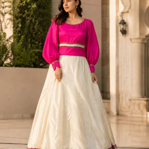 Ivory & Fuchsia Fusion – 2 Piece Raw Silk Lehenga Set