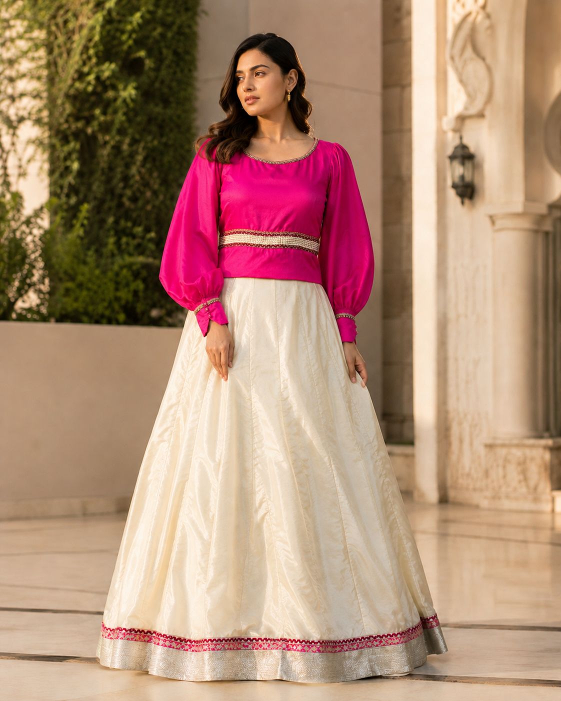 Ivory & Fuchsia Fusion – 2 Piece Raw Silk Lehenga Set