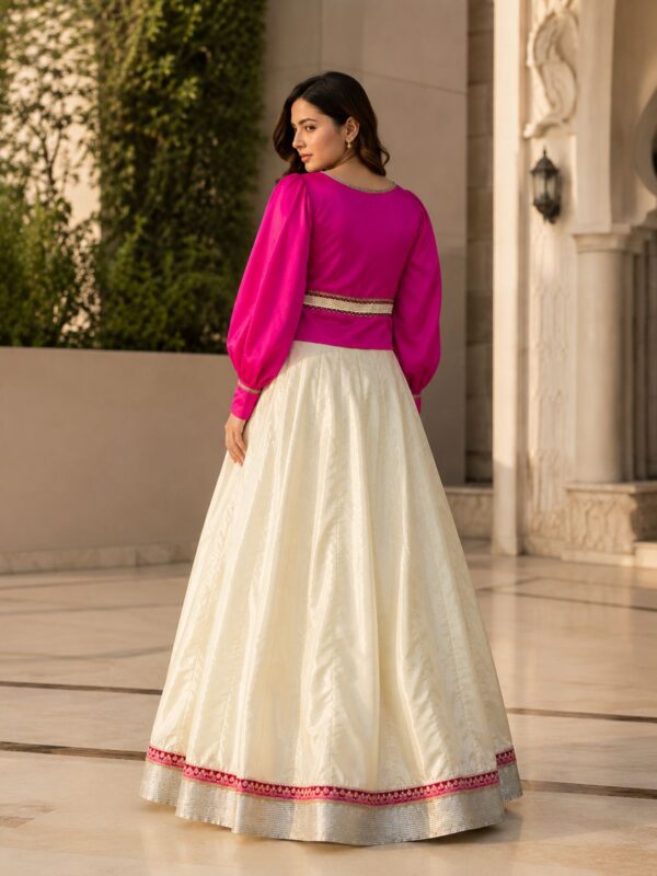 Ivory & Fuchsia Fusion – 2 Piece Raw Silk Lehenga Set