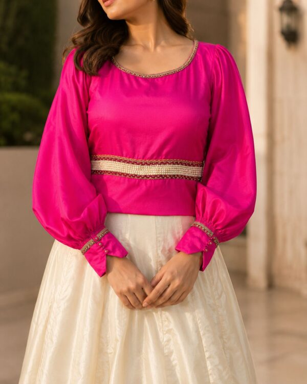 Ivory & Fuchsia Fusion – 2 Piece Raw Silk Lehenga Set