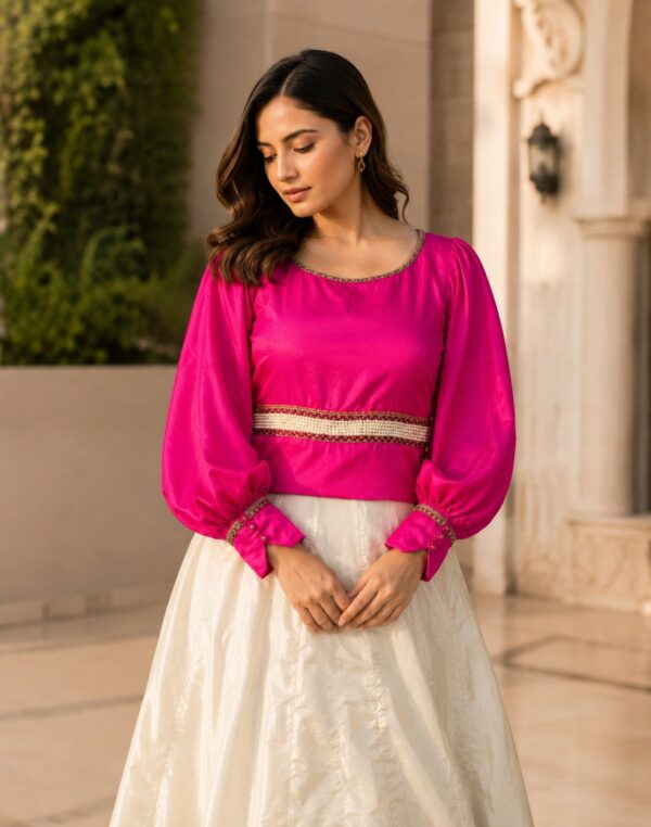 Ivory & Fuchsia Fusion – 2 Piece Raw Silk Lehenga Set