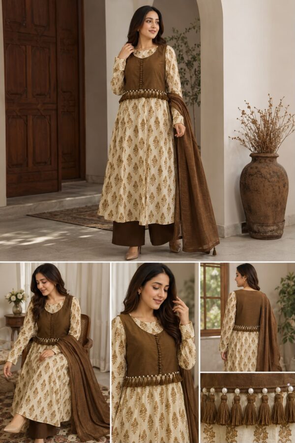 Zareen Gul – 4 Piece Lawn Frock with Koti & Dupatta