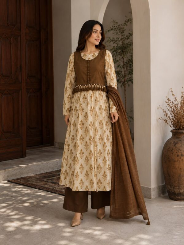Zareen Gul – 4 Piece Lawn Frock with Koti & Dupatta