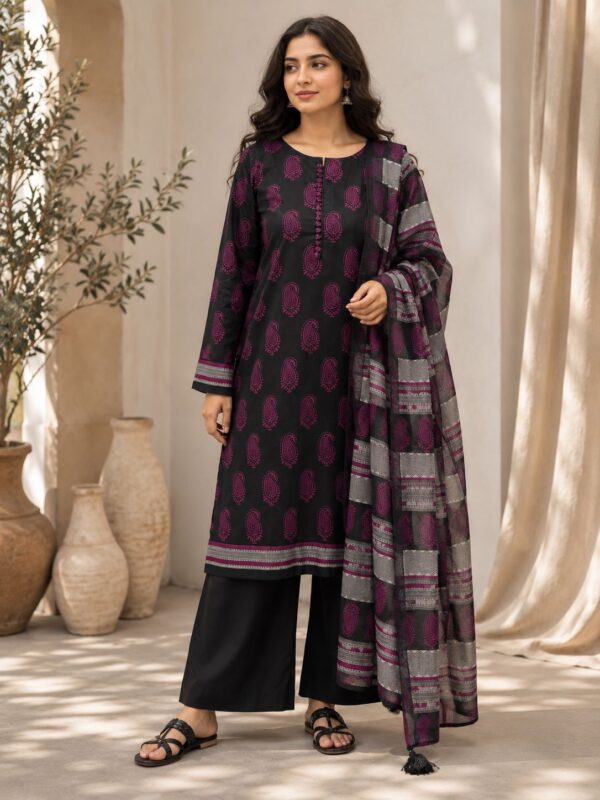 Gulnaar – 3 Piece Charcoal & Magenta Printed Lawn Suit