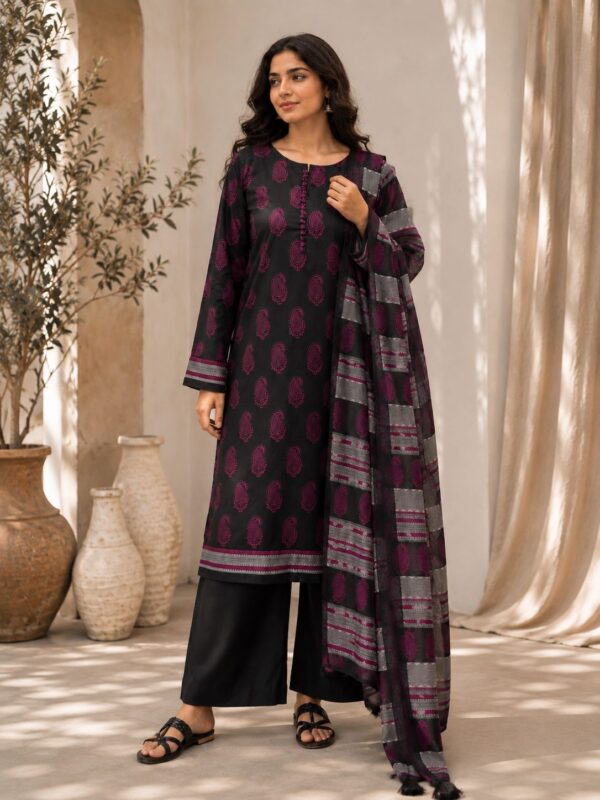 Gulnaar – 3 Piece Charcoal & Magenta Printed Lawn Suit
