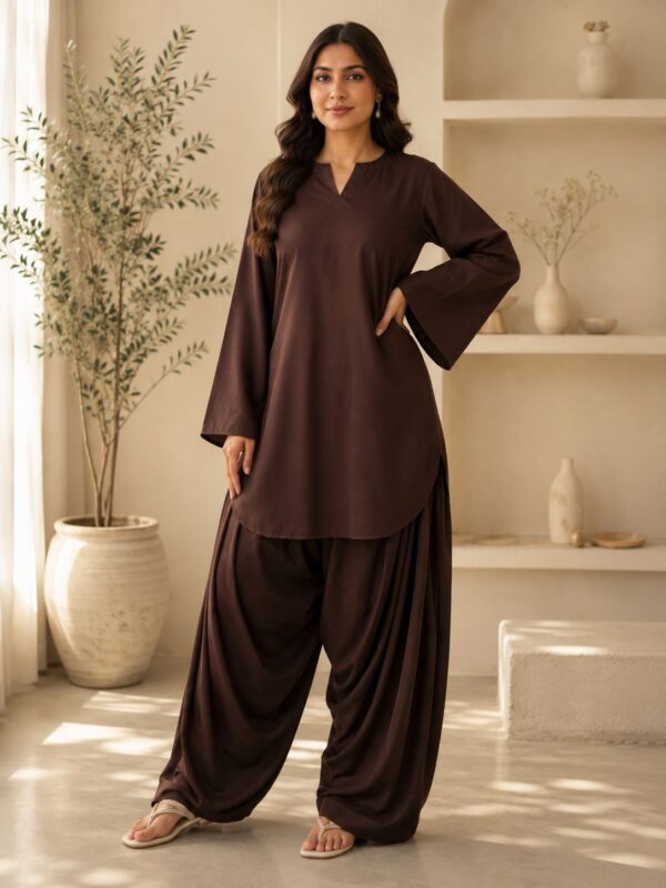Mocha Haze – 2 Piece Wash & Wear Suit with Farshi Shalwar
