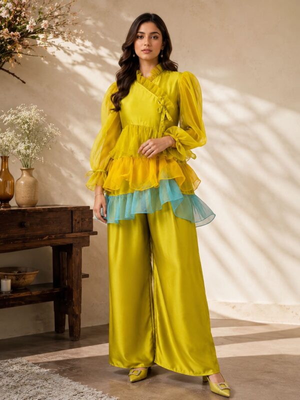 Zestelle – 2 Piece Satin Silk Co-Ord Set with Ruffled Top