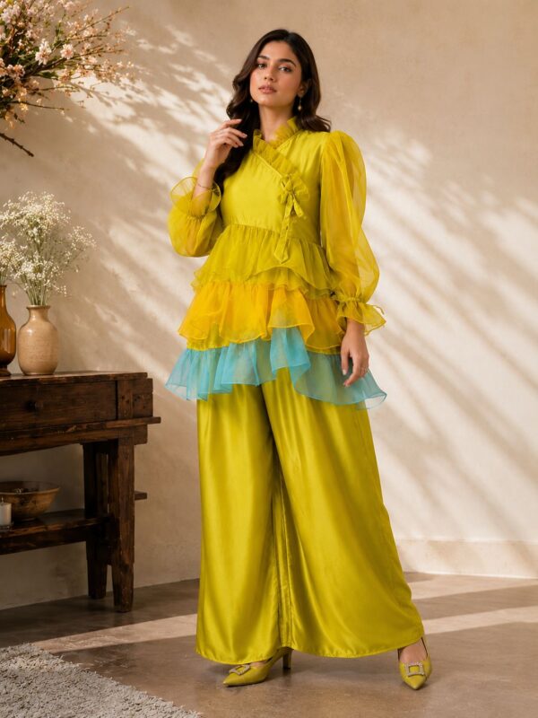 Zestelle – 2 Piece Satin Silk Co-Ord Set with Ruffled Top