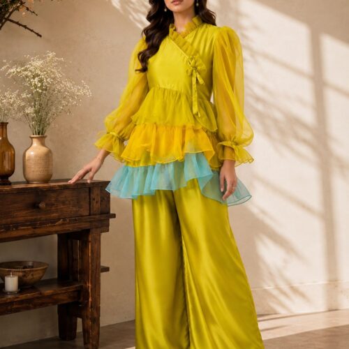 Zestelle – 2 Piece Satin Silk Co-Ord Set with Ruffled Top