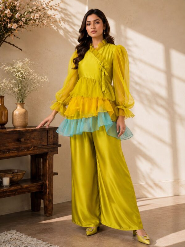 Zestelle – 2 Piece Satin Silk Co-Ord Set with Ruffled Top